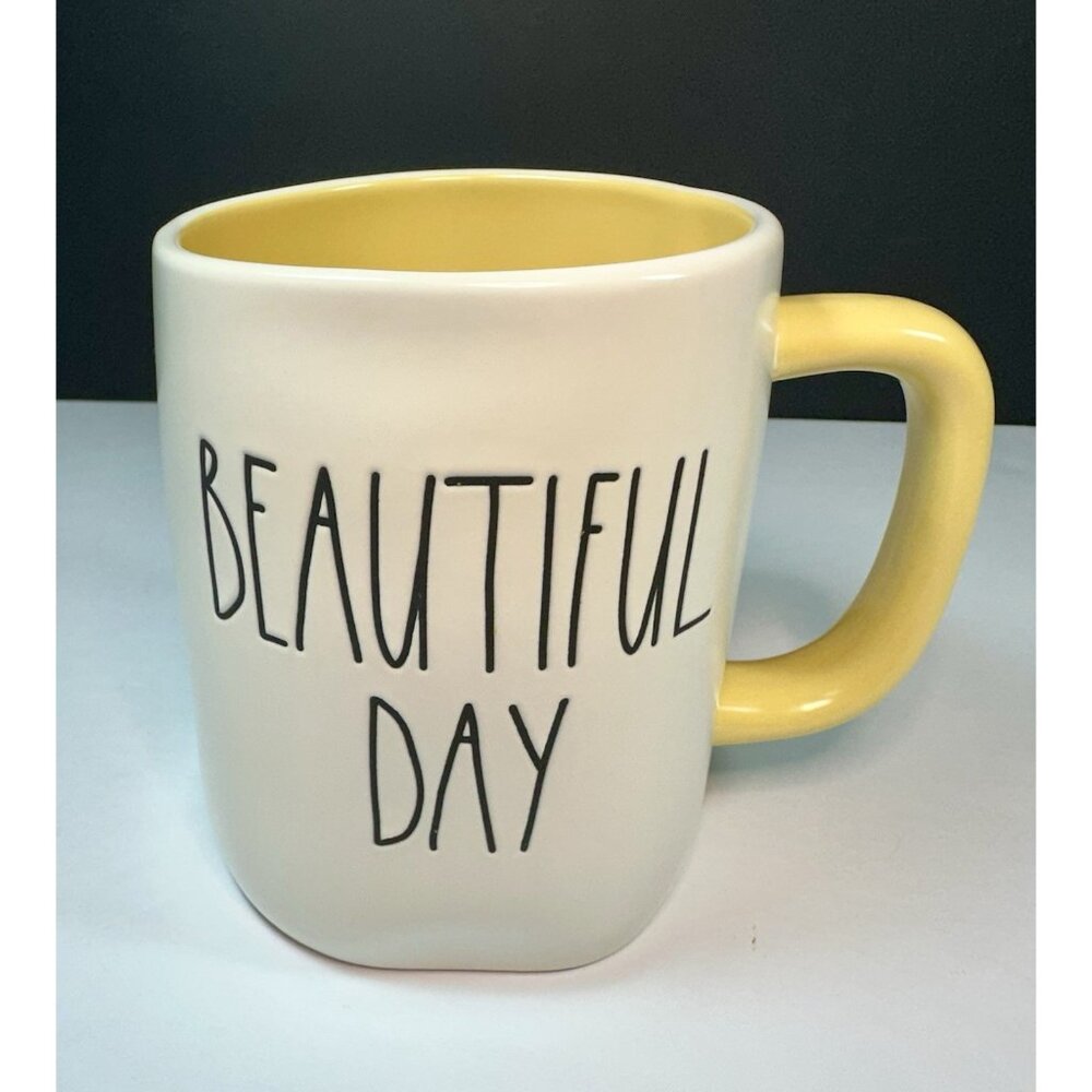 Rae Dunn Magenta BEAUTIFUL DAY 20 oz Coffee Mug White & Yellow Inspirational 5"